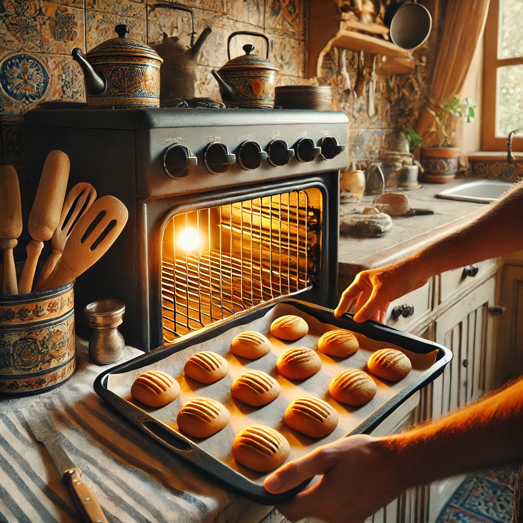 Galletas de Avena y Plátanos Recetas Veganas Fáciles, Saludables y Deliciosas 3 DALL·E 2024 11 25 23.14.39 Unas galletas recien horneadas sobre una bandeja para hornear ligeramente doradas y aun calientes con un fondo calido y hogareno. Se ven unas manos